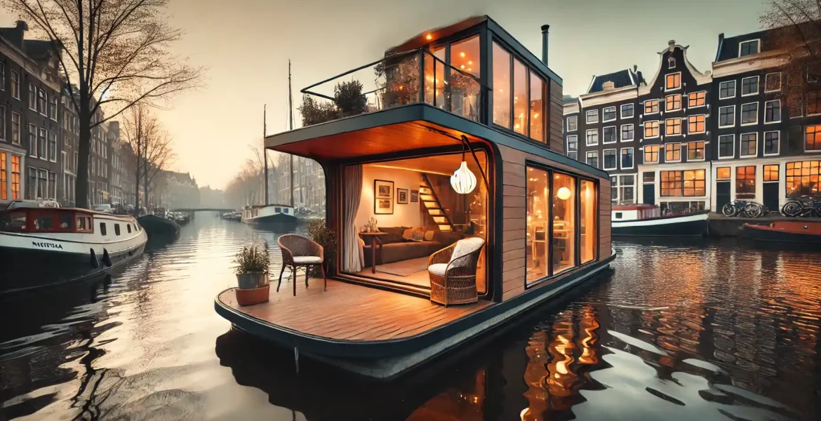 A cozy houseboat that can be rented on an Amsterdam canal during early morning.