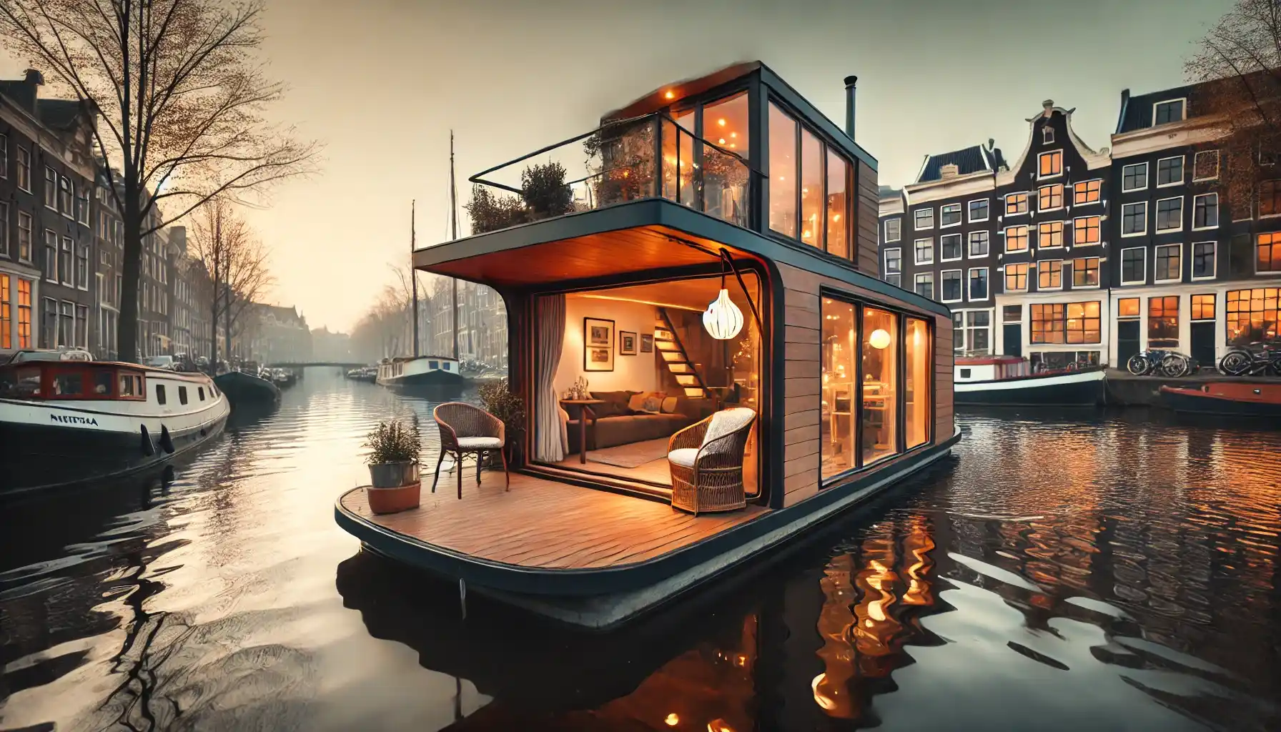 A cozy houseboat that can be rented on an Amsterdam canal during early morning.