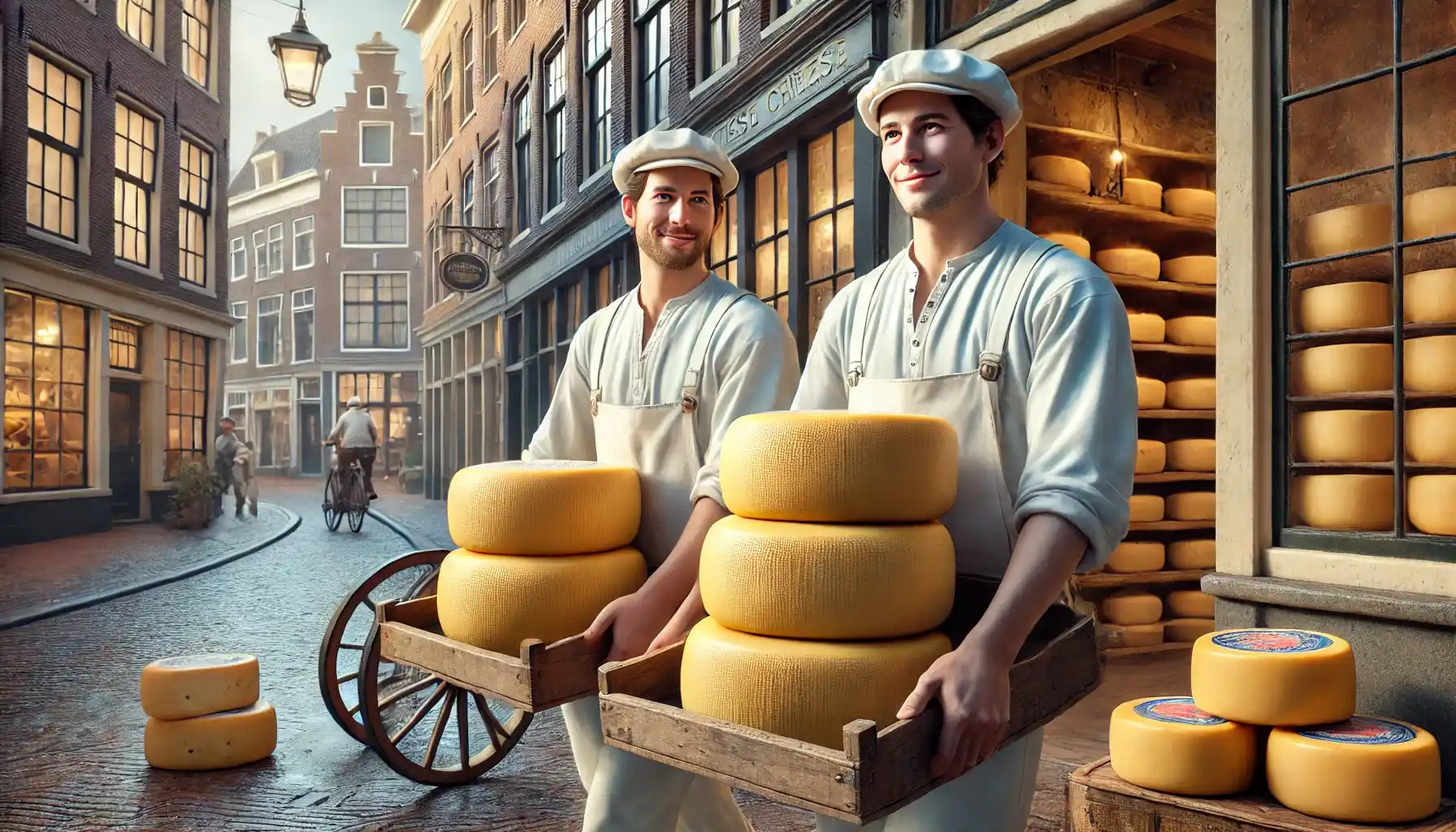 Two Dutch cheese porters in traditional white uniforms carrying large wheels of cheese into a small rustic cheese shop.