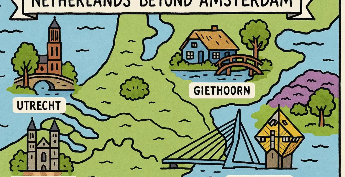A map shows places in Netherlands beyond Amsterdam, such as Maastricht, Rotterdam, Utrecht, and Giethoorn.