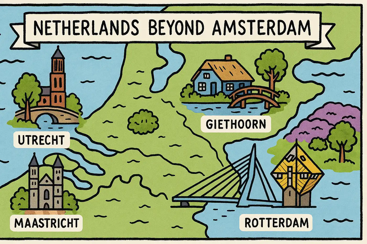 A map shows places in Netherlands beyond Amsterdam, such as Maastricht, Rotterdam, Utrecht, and Giethoorn.