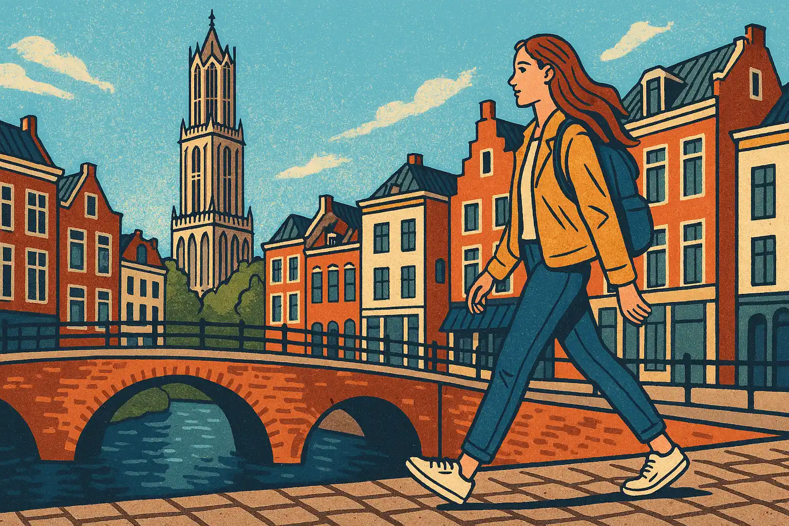 A young woman with a backpack walks through the street of Utrecht near the canal and enjoys sightseeing.