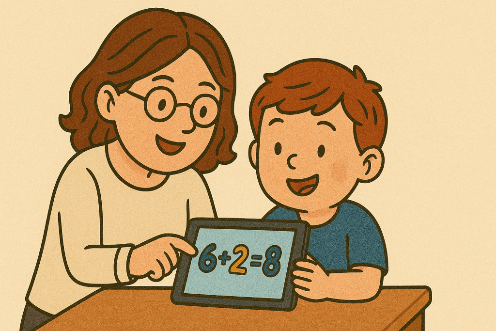 A child and a parent playing an educational math game on a tablet together.