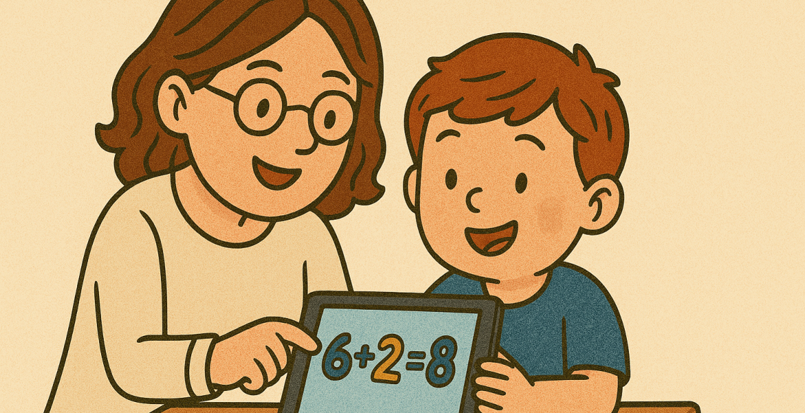 A child and a parent playing an educational math game on a tablet together.