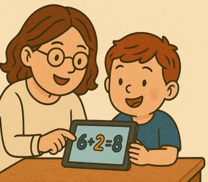 A child and a parent playing an educational math game on a tablet together.