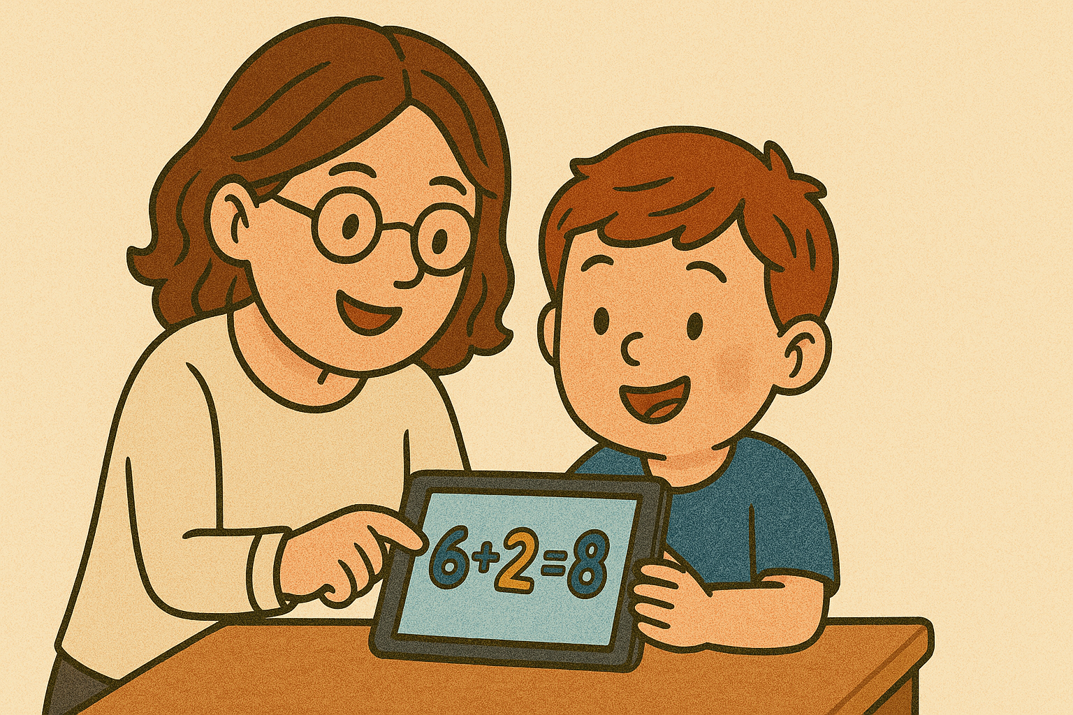 A child and a parent playing an educational math game on a tablet together.