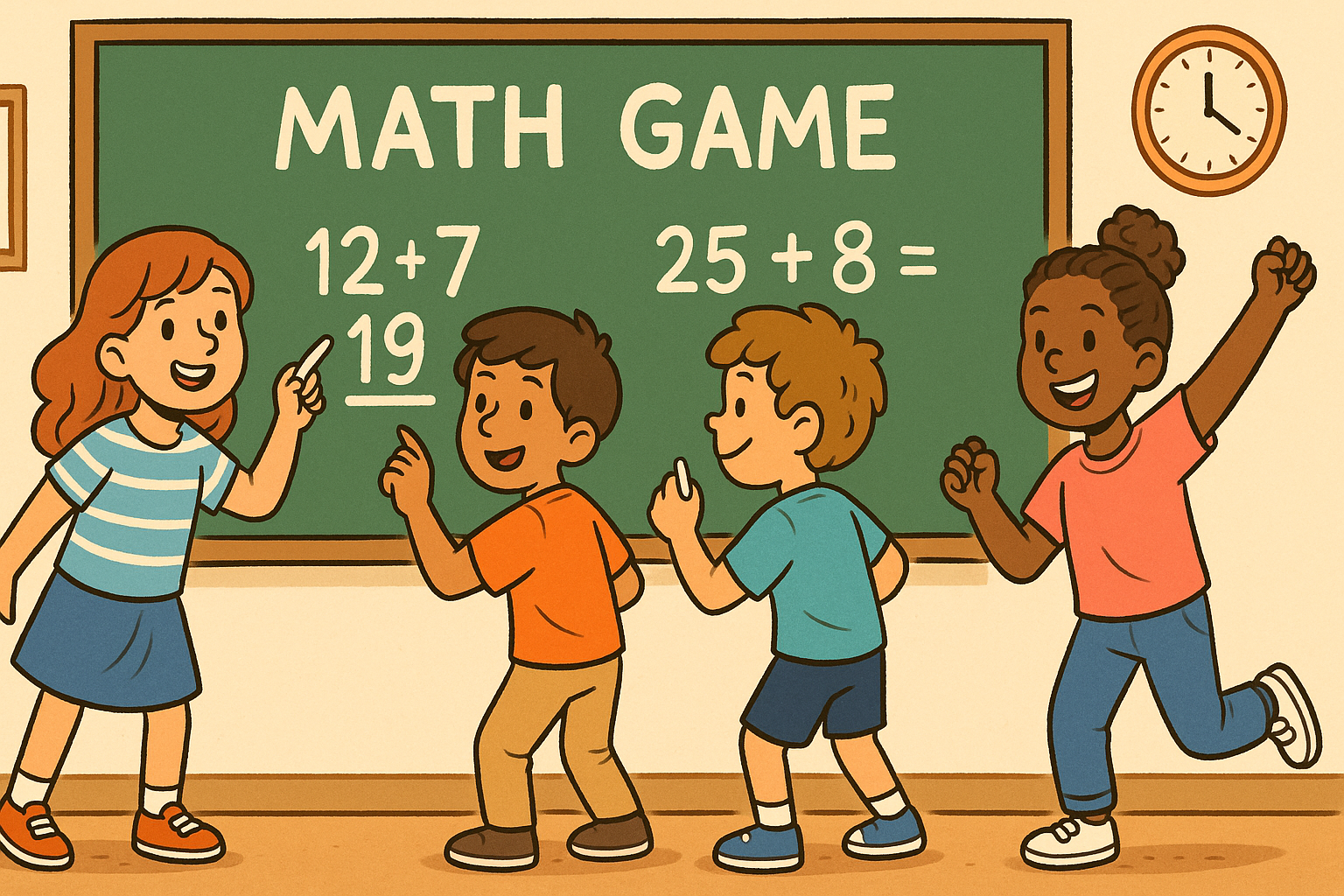 A group of students competing in a math game in a classroom.