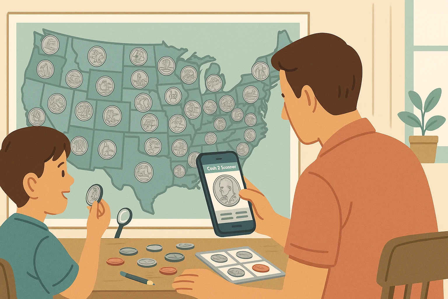 A child and a parent analyzing a map with coins.